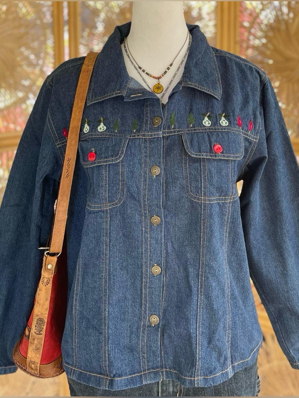 Vintage Classics by Carol Anderson Embroidered Fruit and Trees Navy Denim Jacket